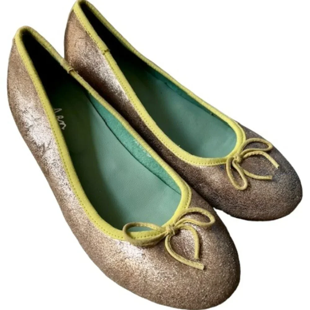 Boden Metallic Wedge Ballerina Shoes Leather Bow - Gold/Lime - 38 (7.5-8)